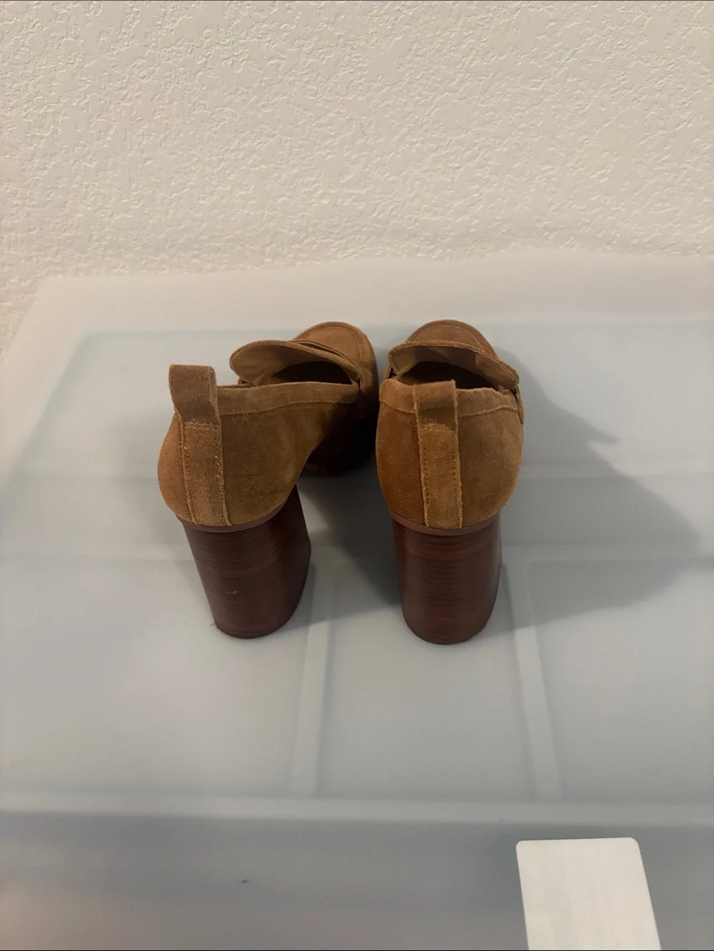 Crown Vintage suede platform loafers camel brown color SZ 9 3” Heel Desert Boho